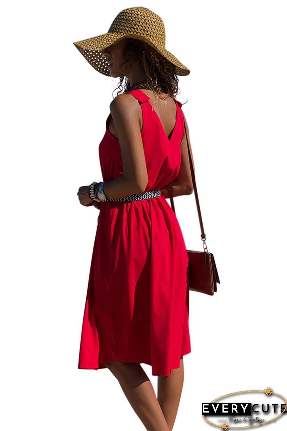 Red V Neck A-line Sundress