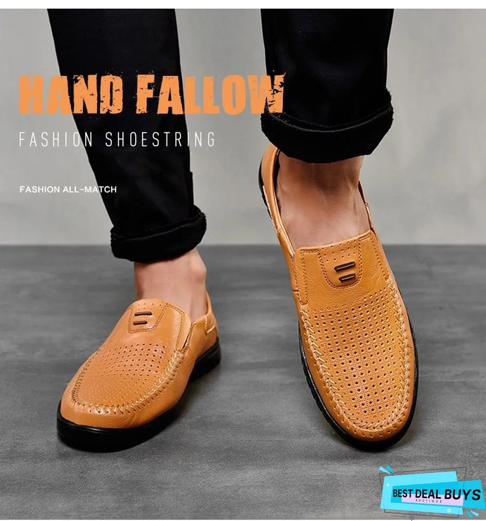 New Openwork Men Black Loafer Perforated Shoes Leather Flats Driving Shoes Business Men's Shoes