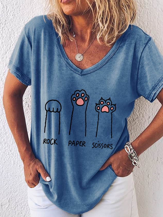 Women's Cute Cat Rock Paper Scissors Simple V Neck Loose T-Shirt socialshop