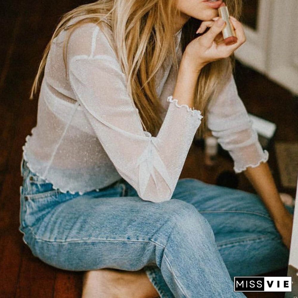 Sexy Mesh Long Sleeve T Shirt Women Summer Transparent Club Party Black Tee Shirts Cutely Thin O Neck Short Tops