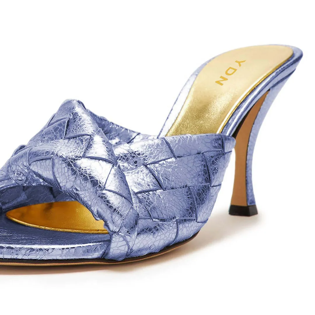 Women's Light Purple Open Toe Woven Details Spool Heel Mules Shoes