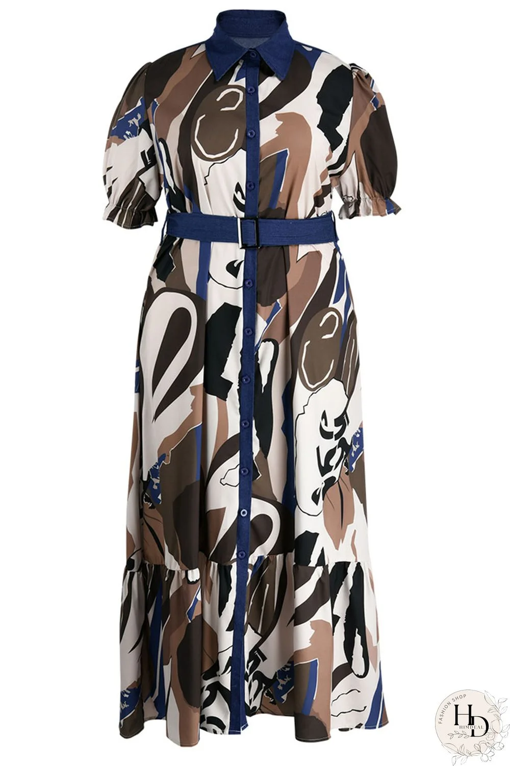 Tangerine Casual Print Patchwork Buckle Turndown Collar Straight Plus Size Dresses