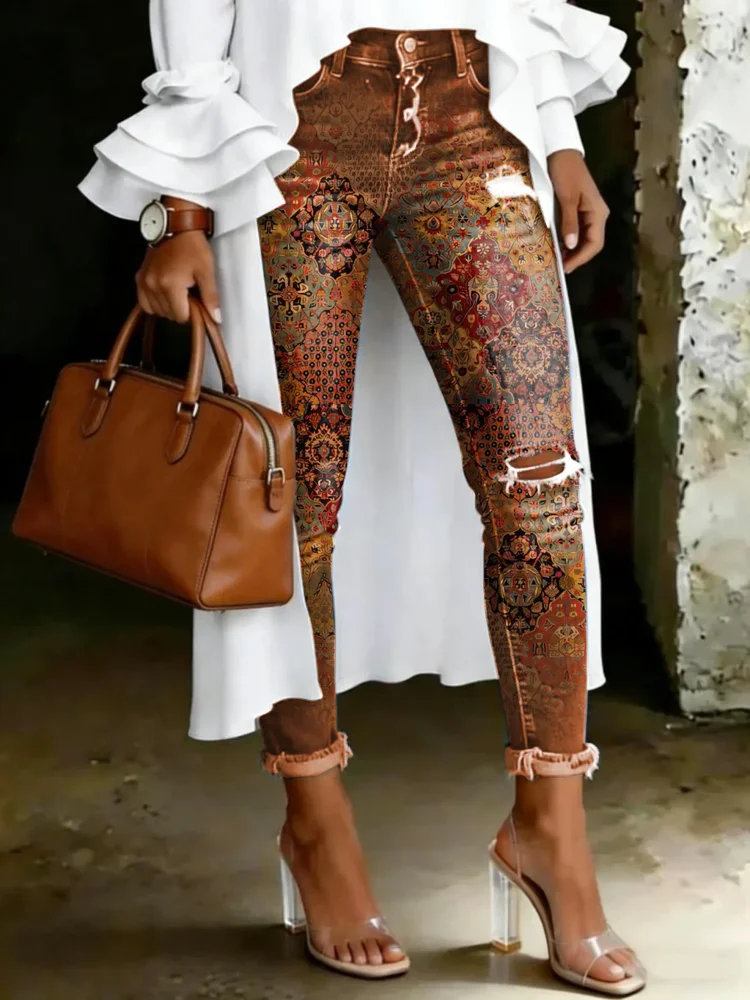 Women's Vintage Ethnic Totem Print Casual High-waisted Ripped Skinny Jeans
