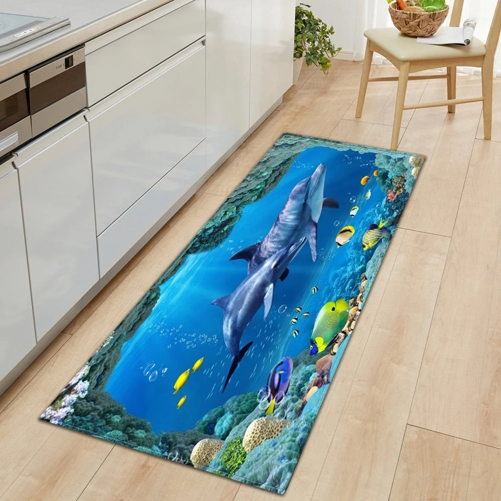 3D Ocean World Fish Carpet Kitchen Mat Entrance Doormat Bedroom Home Floor Decoration Living Room Carpet Bathroom Anti-slip Rug