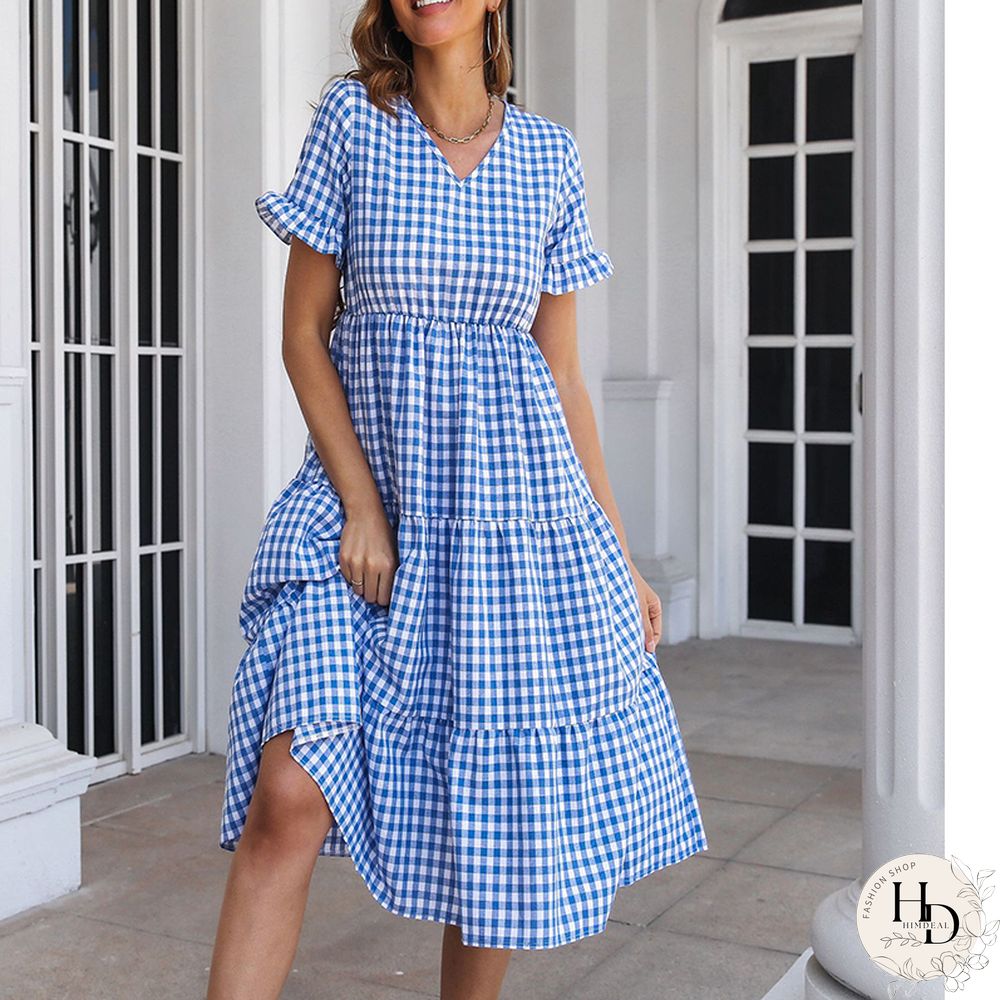 Elegant Fashion Plaid Short Sleeve Dress For Women Dresses New Ruffled V-Neck High Waist Swing A-line Midi Dress