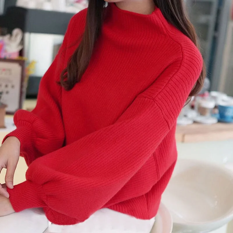 New Winter Women Sweater Fashion Turtleneck Lantern Sleeve Pullovers Loose Knitted Female Jumper Tops Pull Femme