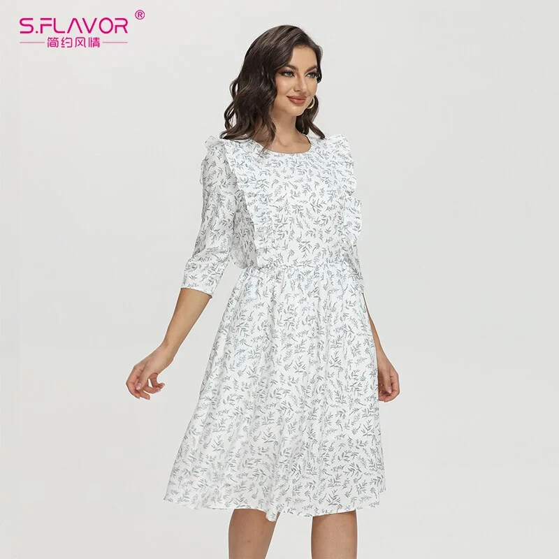 Jangj S.FLAVOR Autumn Fashion Women's White Printed Ruffled Midi Dresses O-neck 3/4 Sleeve Casual A-line Dress