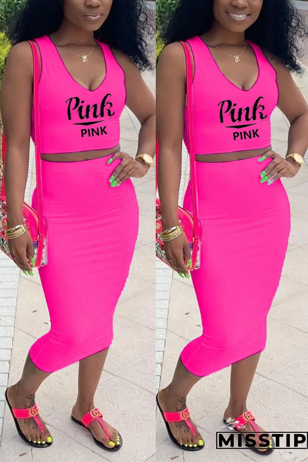 Blue Fashion Casual Printed Sleeveless Top Set