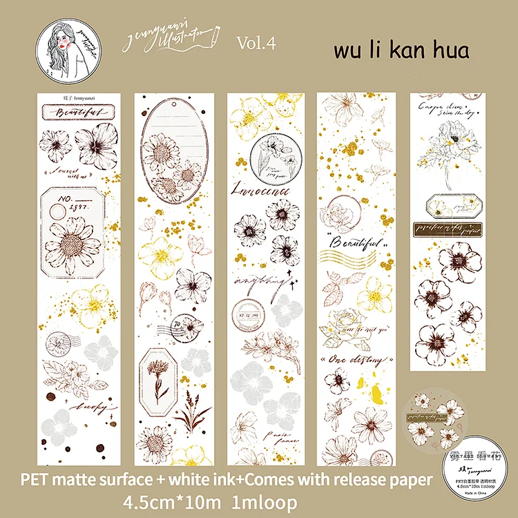 Journalsay 5cm*10m/Roll Vintage Glossy Girl Character Flower PET Tape DIY Journal Scrapbooking Collage Masking Tape