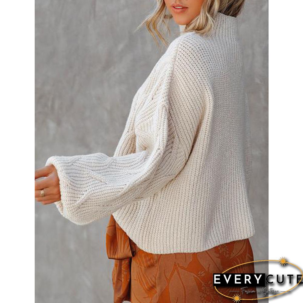 White Textured Mock Neck Solid Color Sweater