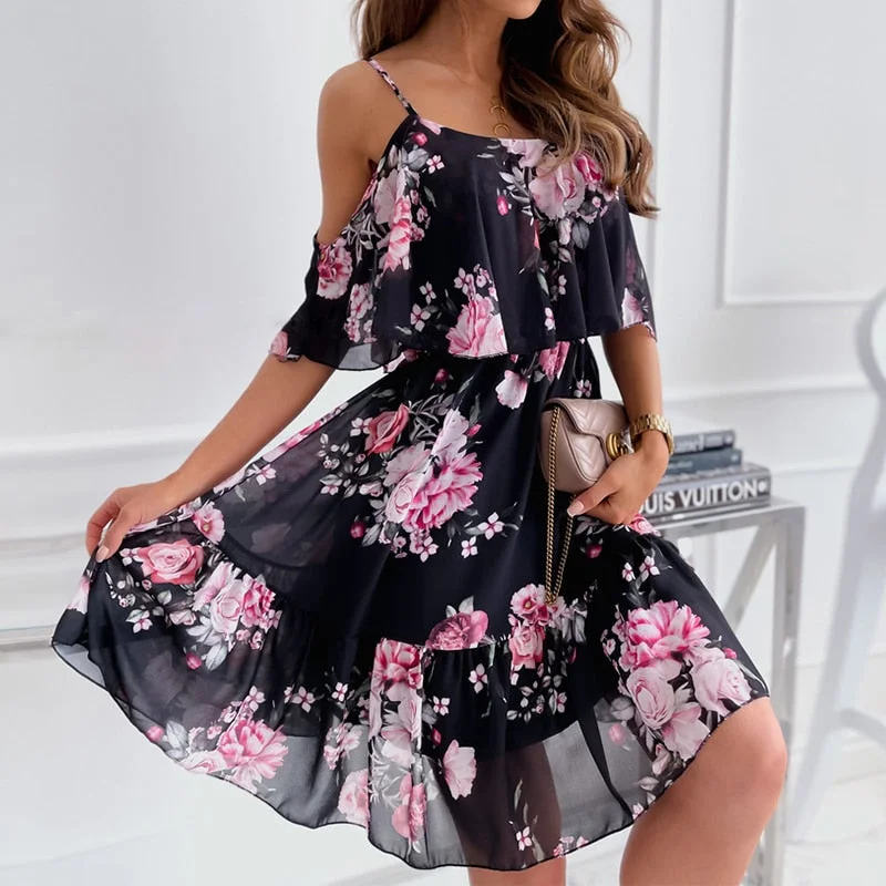 Graduation Gifts Women Off Shoulder Flower Print Dress 2022 Boho Casual Spaghetti Strap Floral Dress Female Elegant A Line Holiday Party Vestidos