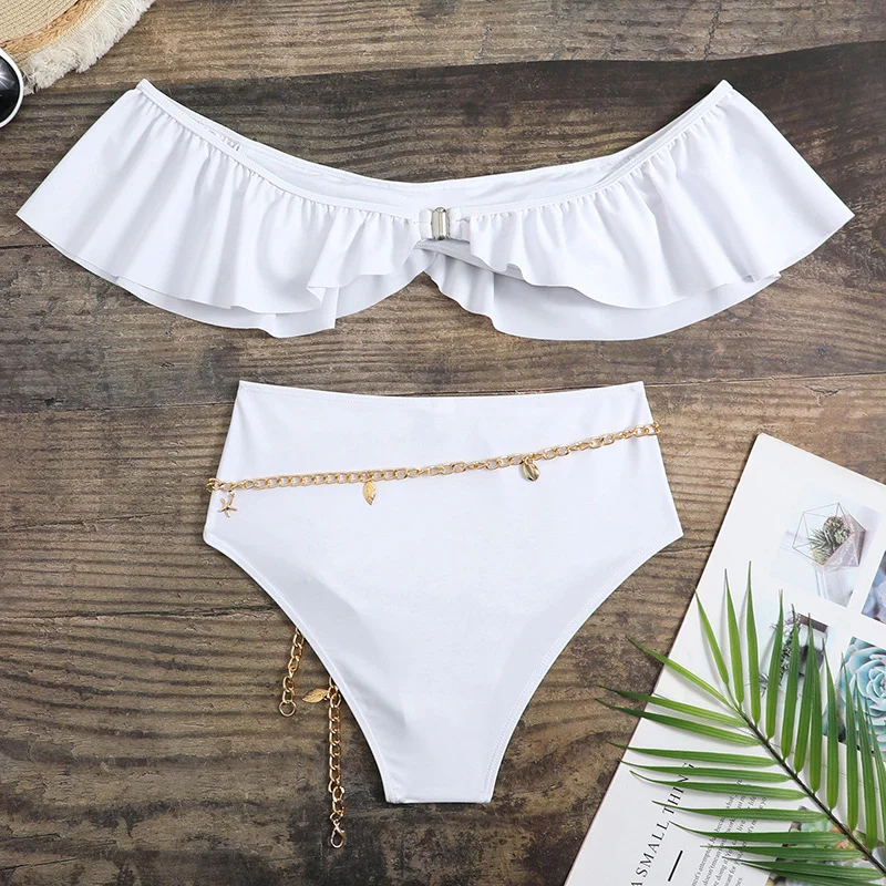 Brownm 2023 New Lotus-Leaf Side Sexy Bra High-Waisted Swimsuit Bikini Bikini