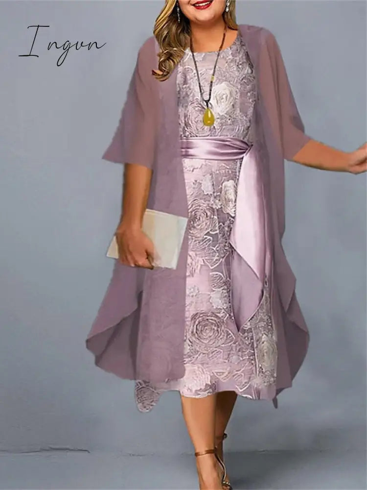 Ingvn - Women’s Plus Size Casual Dress Set Two Piece Floral Midi 3/4 Length Sleeve Crew Neck