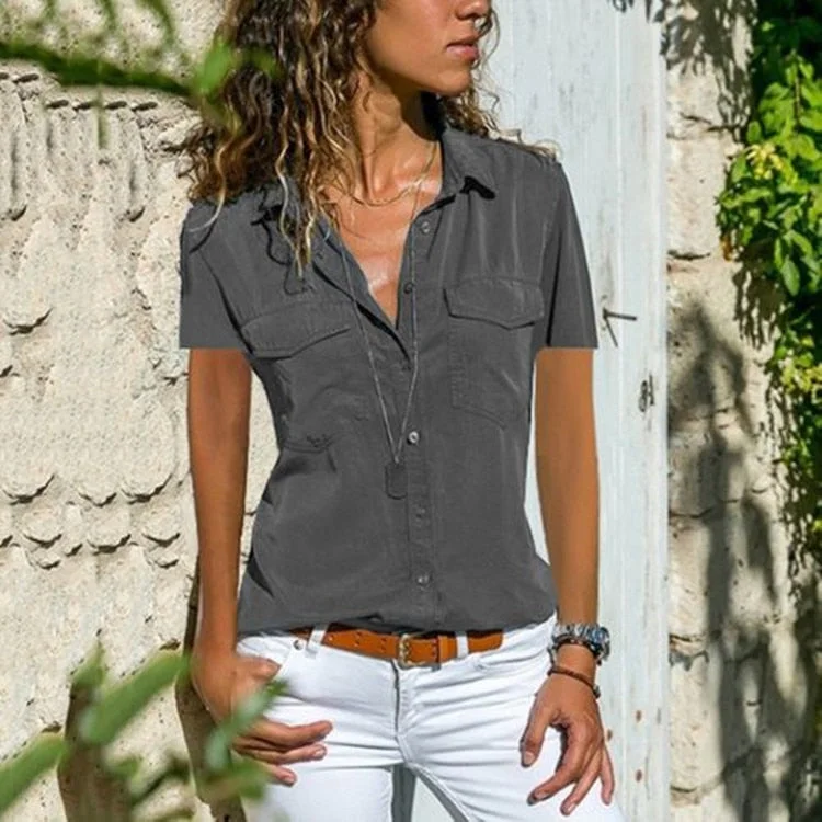 Womens Cotton Tops Blouses 2019 Autumn Short Sleeve Solid V-Neck Office Blouse Female Work Women Button Up Shirt Plus Size 8XL