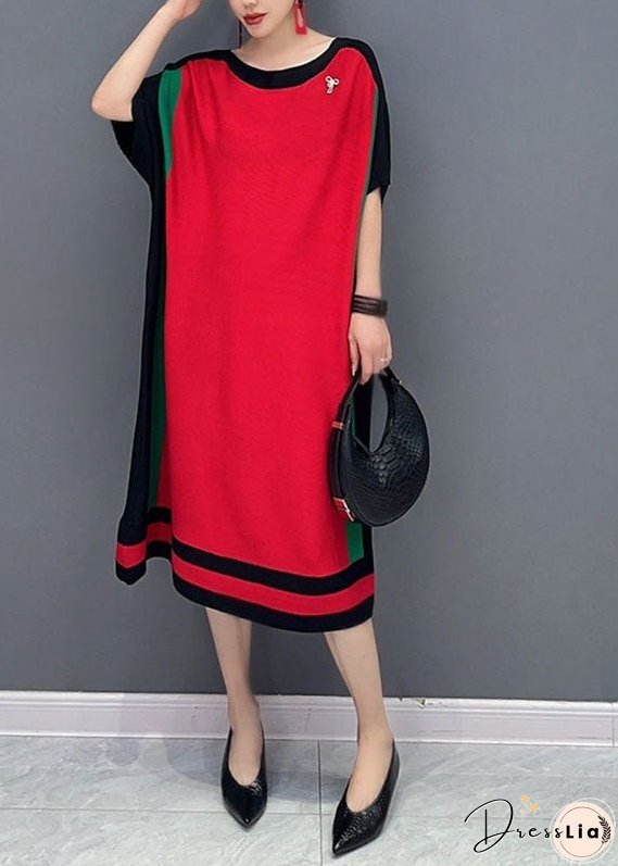 Loose Red O-Neck Knit Sweater Dresses Short Sleeve