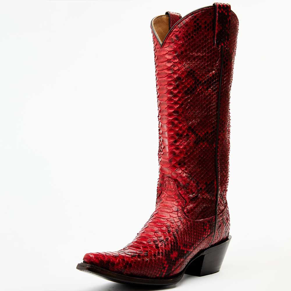 Python-Embossed Snip Toe Chunky Heel Knee-High Cowgirl Boots in Red Nicepairs