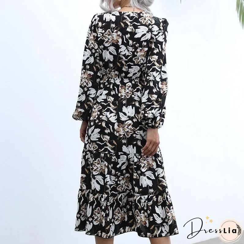 Autumn/winter new womenswear women's print maxi dress V-neck puff sleeve long dress