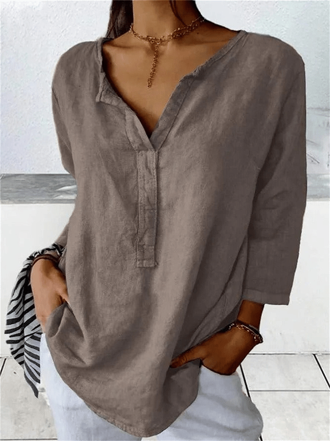 Women's Loose Solid Color V-Neck Cotton And Linen Shirt