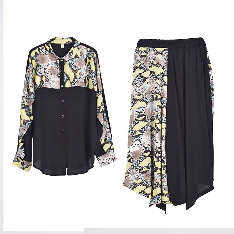 Fashion Lapel Python Printed Patchwork Batwing Sleeve Shirt And Wide Leg Pants Two Pieces Set      