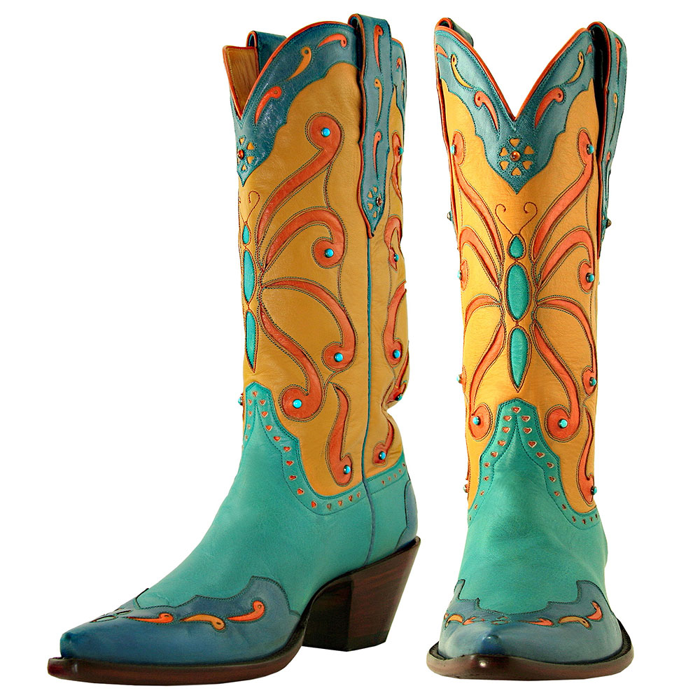 Teal & Orange Butterfly Inlay Rhinestones Mid-Calf Cowgirl Boots Nicepairs