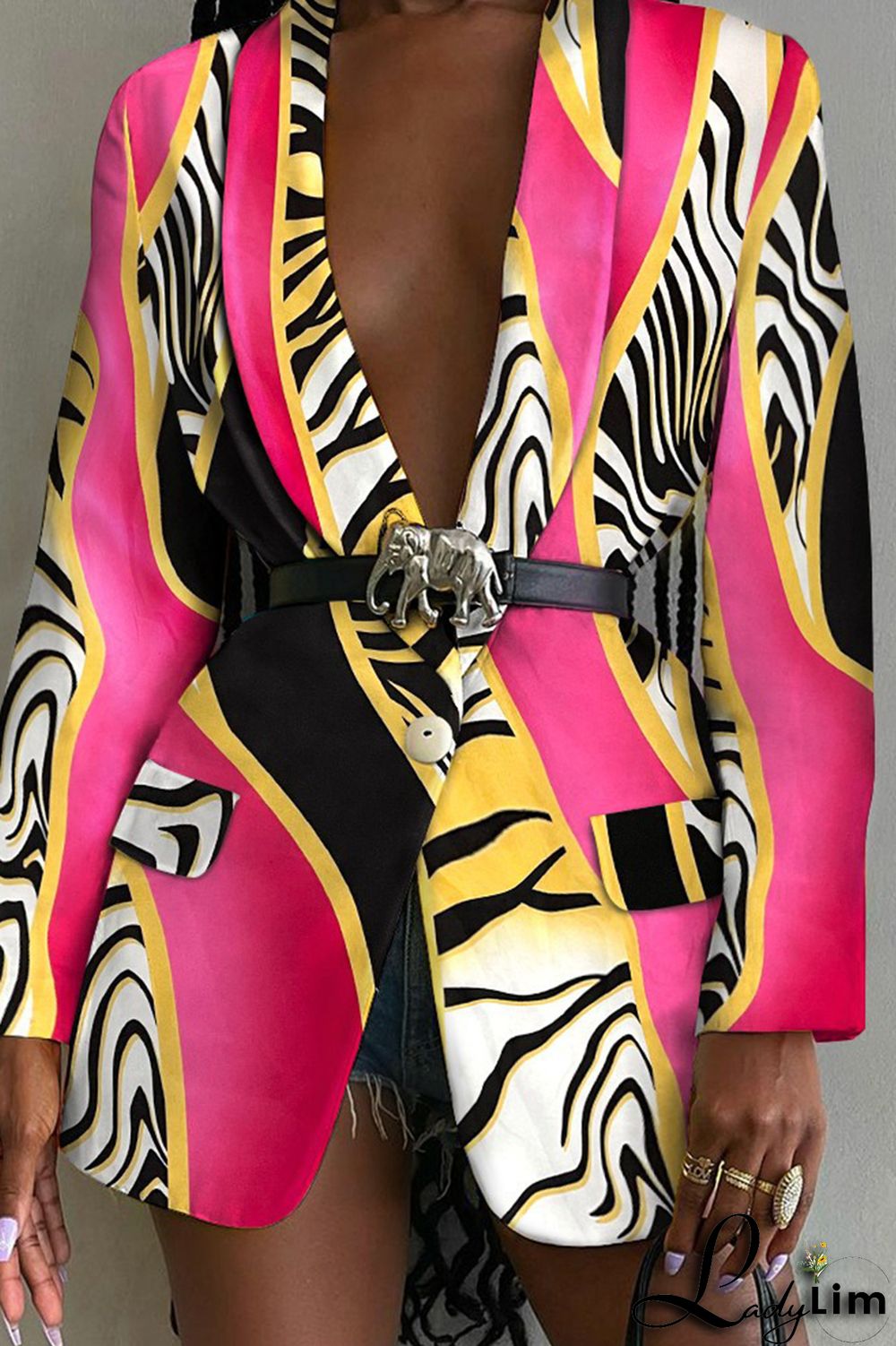 Multicolor Fashion Casual Print Patchwork Turn-back Collar Outerwear (Without Belt)