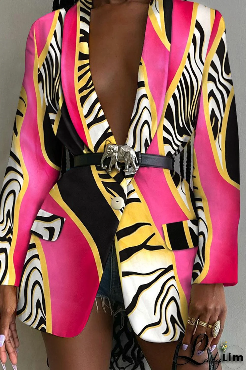 Multicolor Fashion Casual Print Patchwork Turn-back Collar Outerwear (Without Belt)