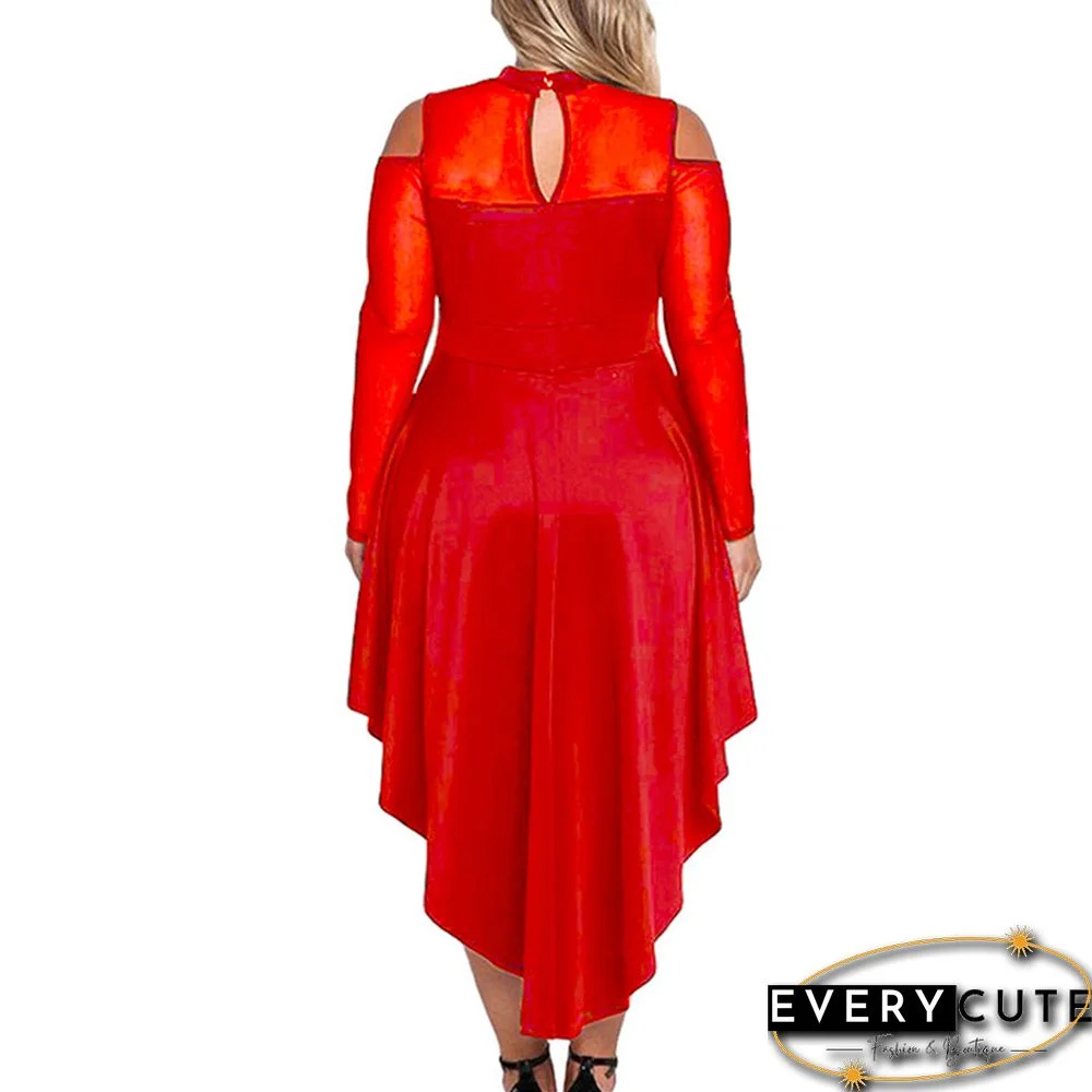 Red Sheer Mesh Trim Hi Lo Peplum Bodycon Dress