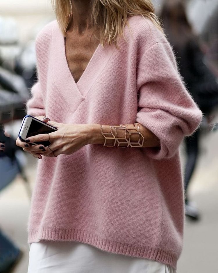 Casual V Neck Solid Sweater Top