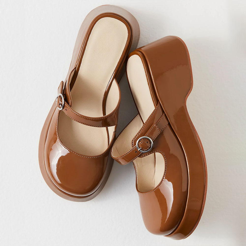 Brown Patent Leather Round Toe Chunky Heel Buckled Platform Mules Nicepairs