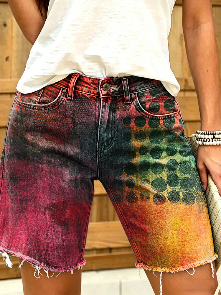 Women's Retro Colorful Art Print Casual Washed Cotton Denim Shorts