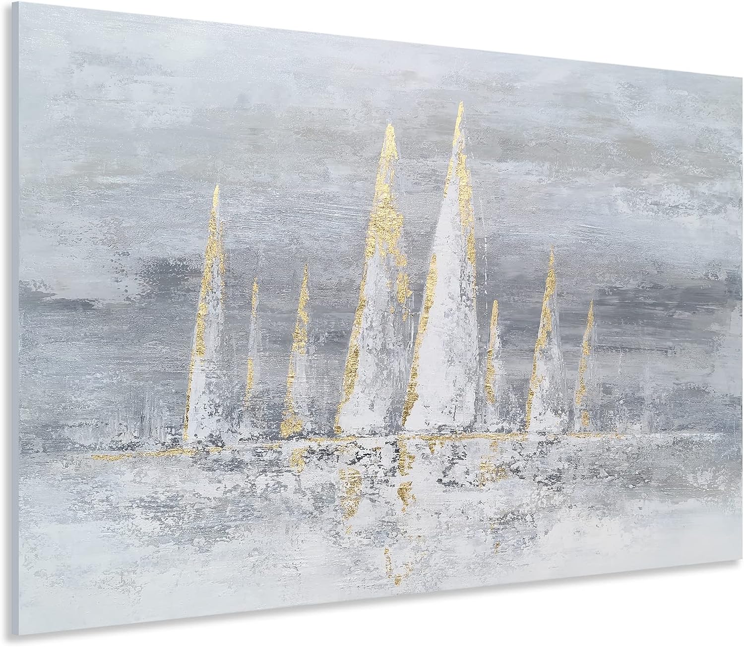 YHSKY ARTS Sailing Boat Canvas Wall Art - Hand Painted Grey Ocean Paintings with Gold Foil - Abstract Beach Pictures for Living Room Bedroom Bathroom Decor Sailing Boat