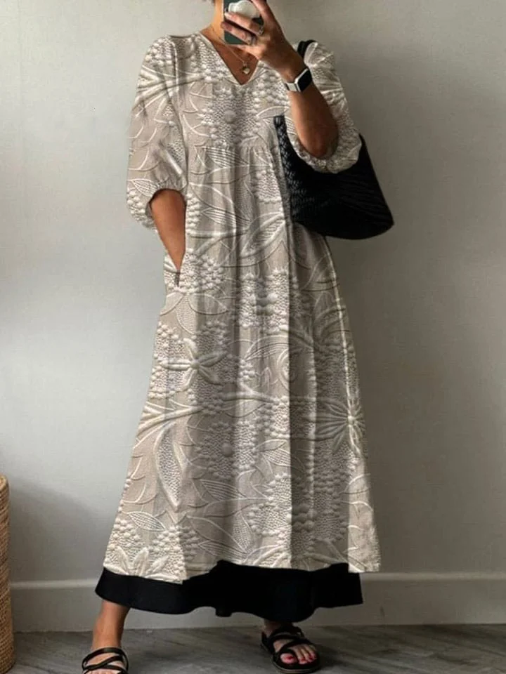 Women's Floral Texture Art Print Pocket V-neck Cotton Dress