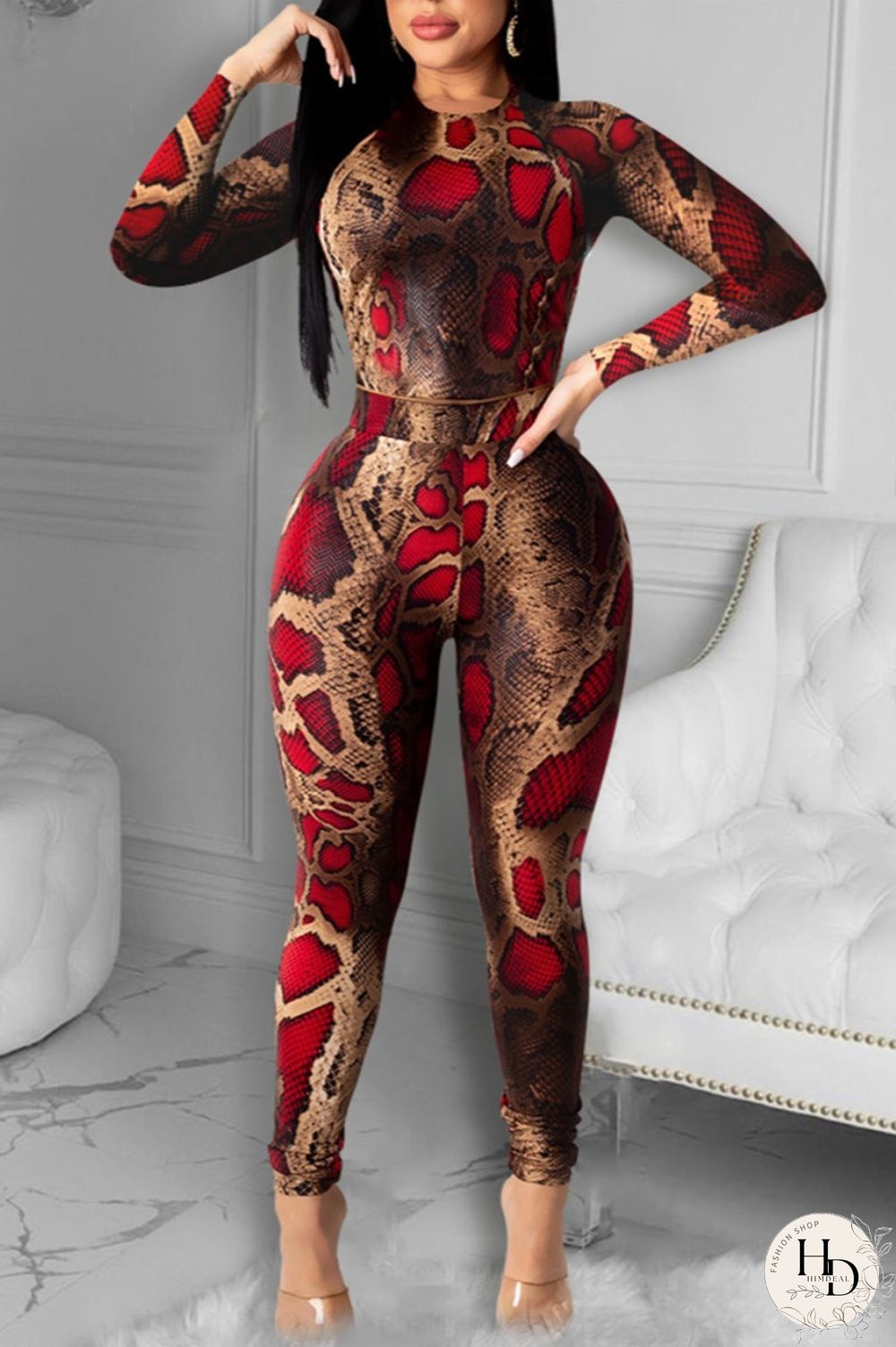 Wine Red Fashion Casual Print Basic O Neck Long Sleeve Two Pieces