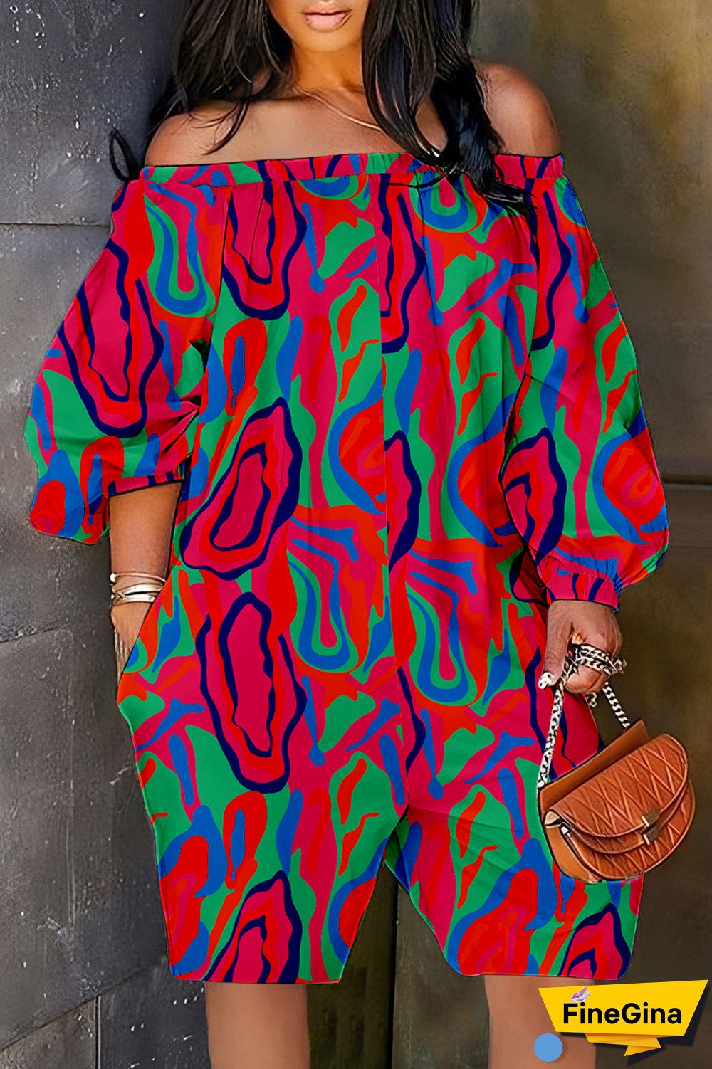 Cyan Casual Print Backless Off the Shoulder Regular Romper