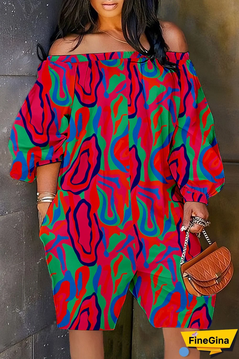 Cyan Casual Print Backless Off the Shoulder Regular Romper