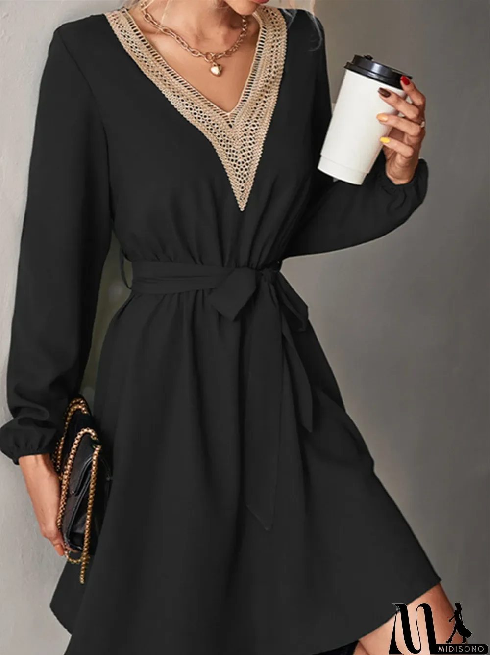 MidiSono - Women Long Sleeve V-neck Casuals Dress