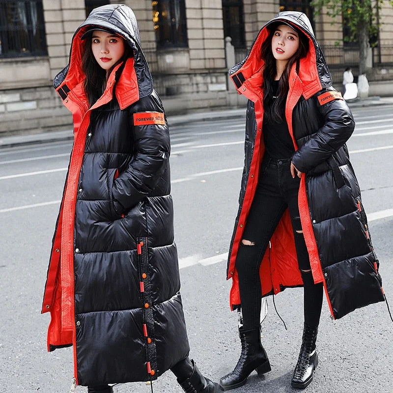 Snow Coat Padded Warm Jacket Glossy Down Jacket Winter Women Waterproof Coat Plus Size Thick Long Parkas Hooded Jaqueta Feminina