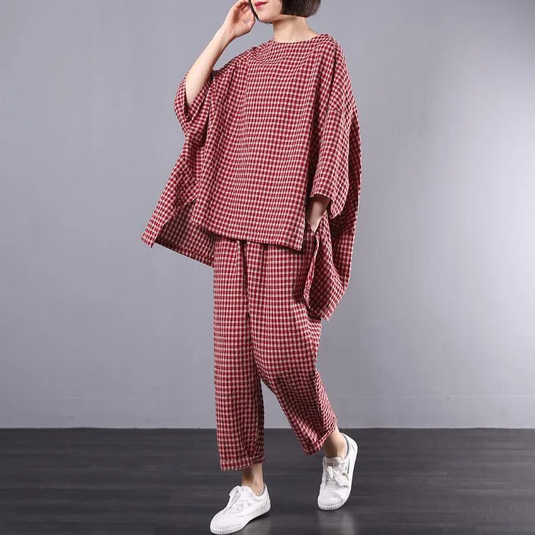Spring Loose Art Cotton Red Plaid Suit Female Two-piece Suit