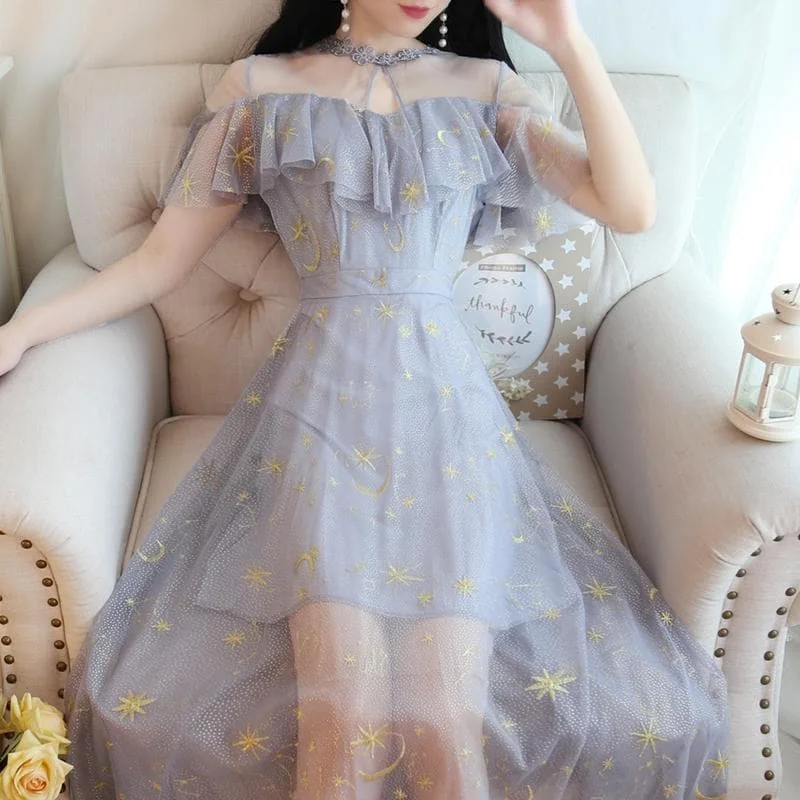 Gray/Beige Starry Short Sleeve Tulle Dress S12737