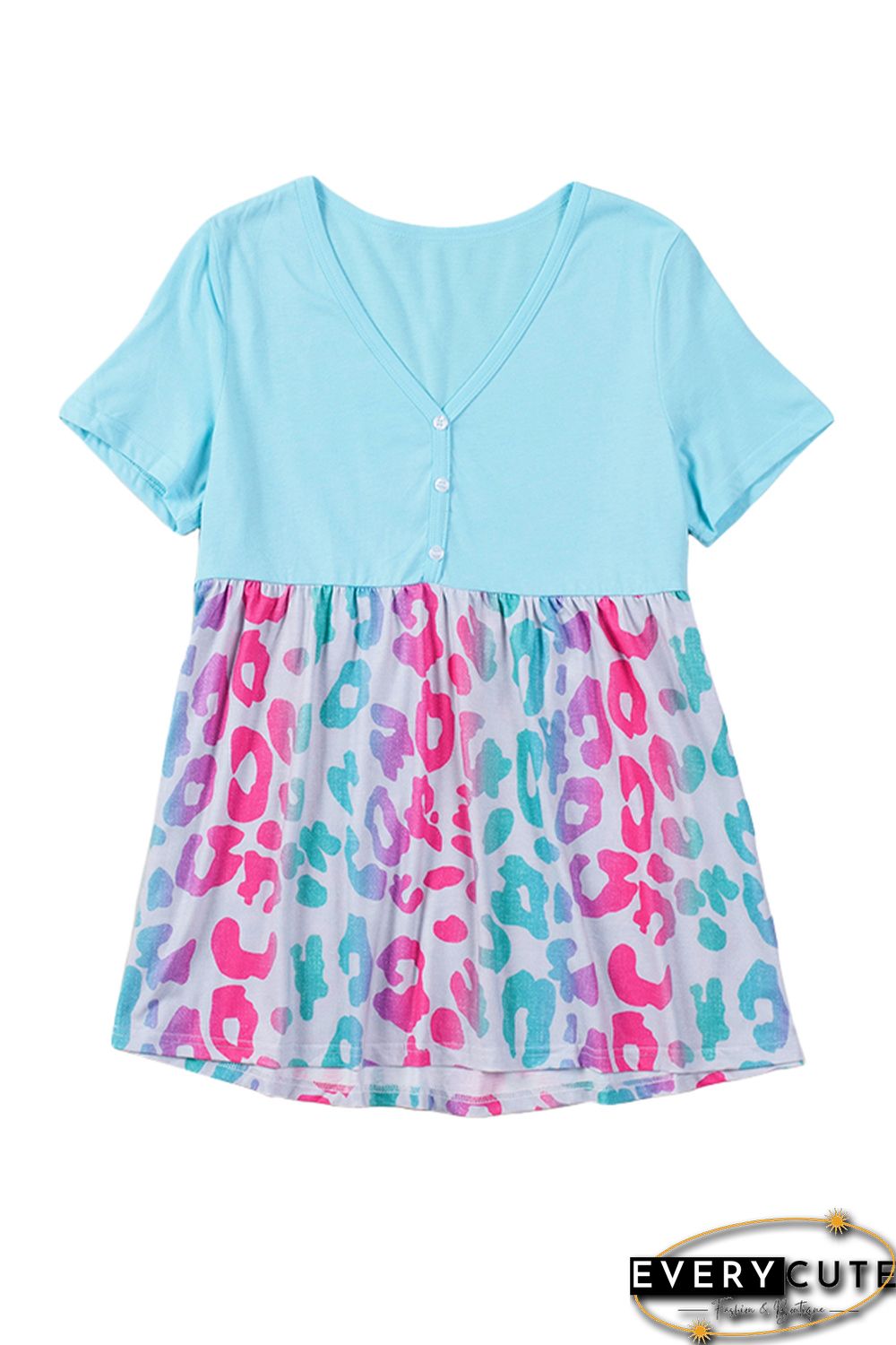 Sky Blue Leopard Color Block Buttoned V Neck T Shirt