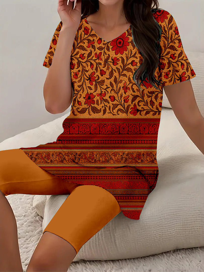 Women Long Sleeve V-neck Graphic Floral Printed Top