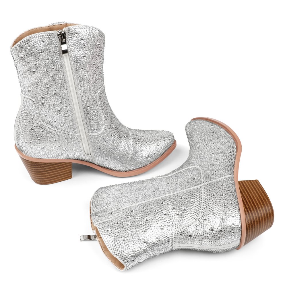 60mm Women's  Boots Ankle High Medium Heel Chunky Heel Diamond Studded Fashion Pull On Boot-MERUMOTE