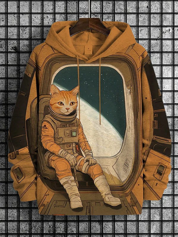 Men's Astronaut Cat On Spaceship Print Casual Hoodie
