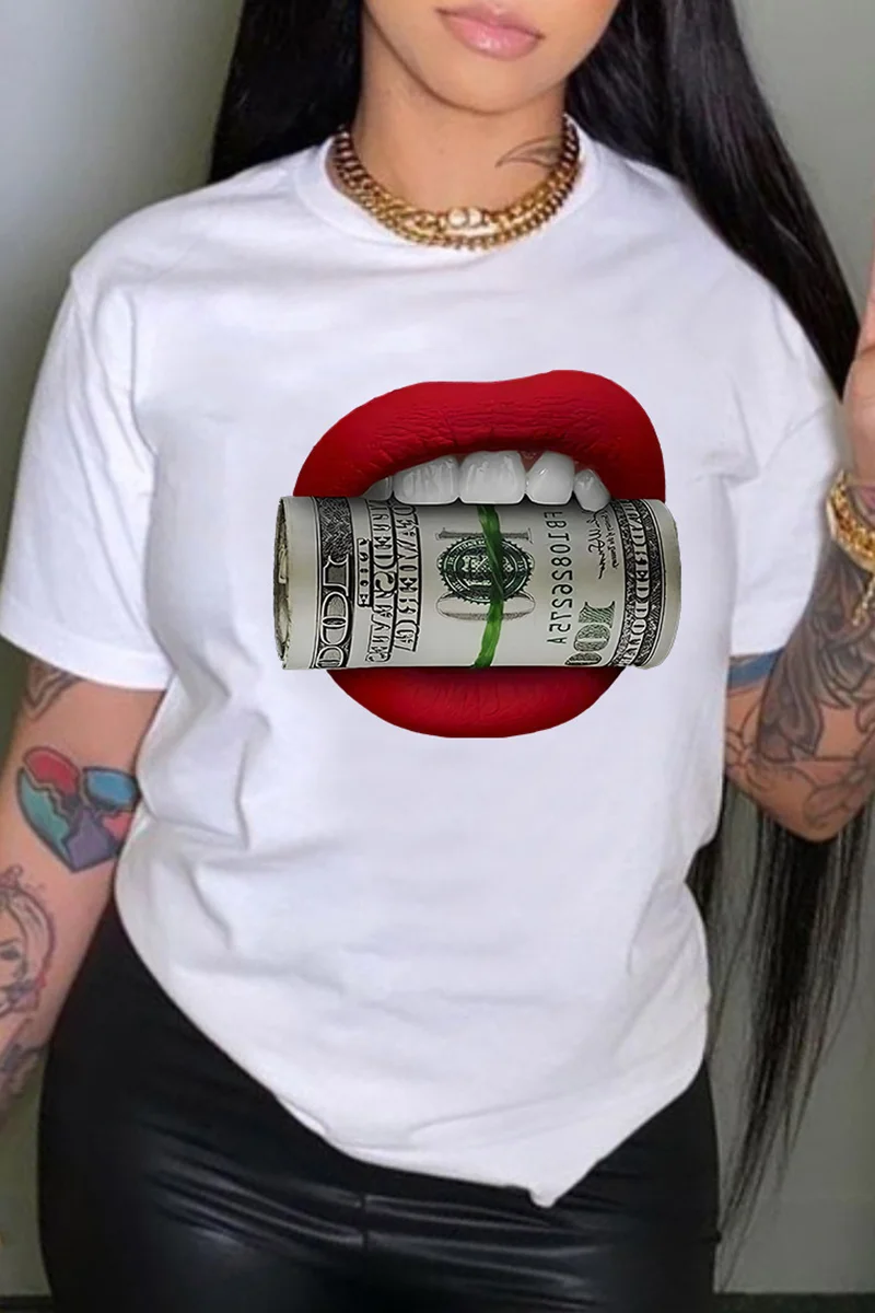 Red Fashion Casual Lips Printed Basic O Neck T-Shirts