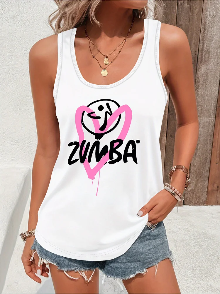 2025 New Women's Casual Sleeveless Tank Top - Black Geometric Zumba Graphic Print, Relaxed Fit Workout & Casual Attire, Machine Washable Spring/Summer Fashion, Nontransparent Fabric