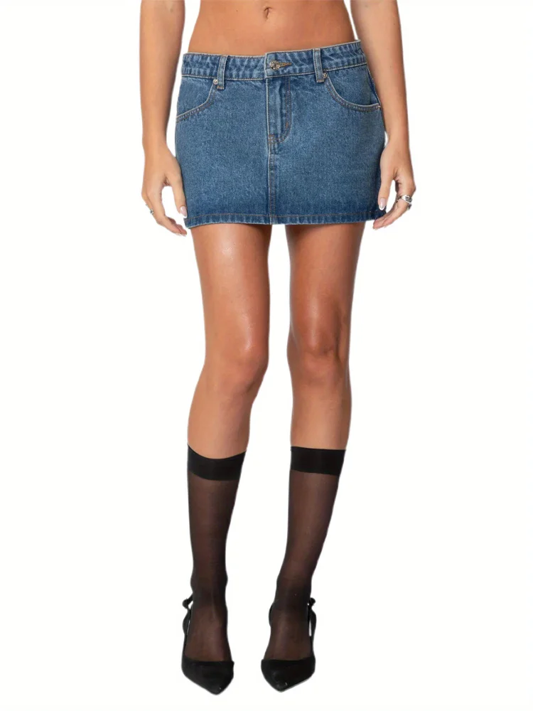 Women's Summer Mini Denim Skirts Low Rise Solid Color Skirt