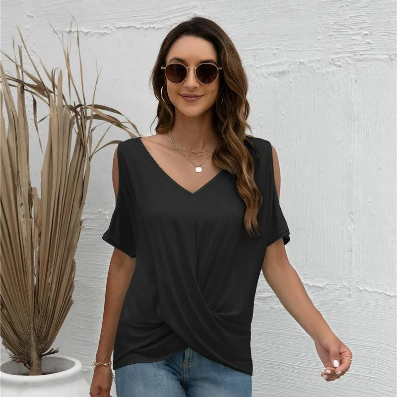 Jangj Off Shoulder Twist Front Hem Irregular Top Tees Women V-neck Short Sleeve Casual Tops Summer Loose Tees Shirt Dropshipping