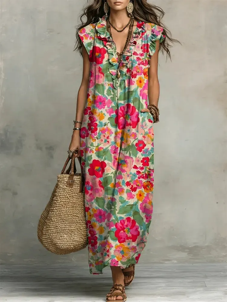 Women's Retro Floral Pattern Art Print Casual Ruffled Stylish Cotton Linen Dress