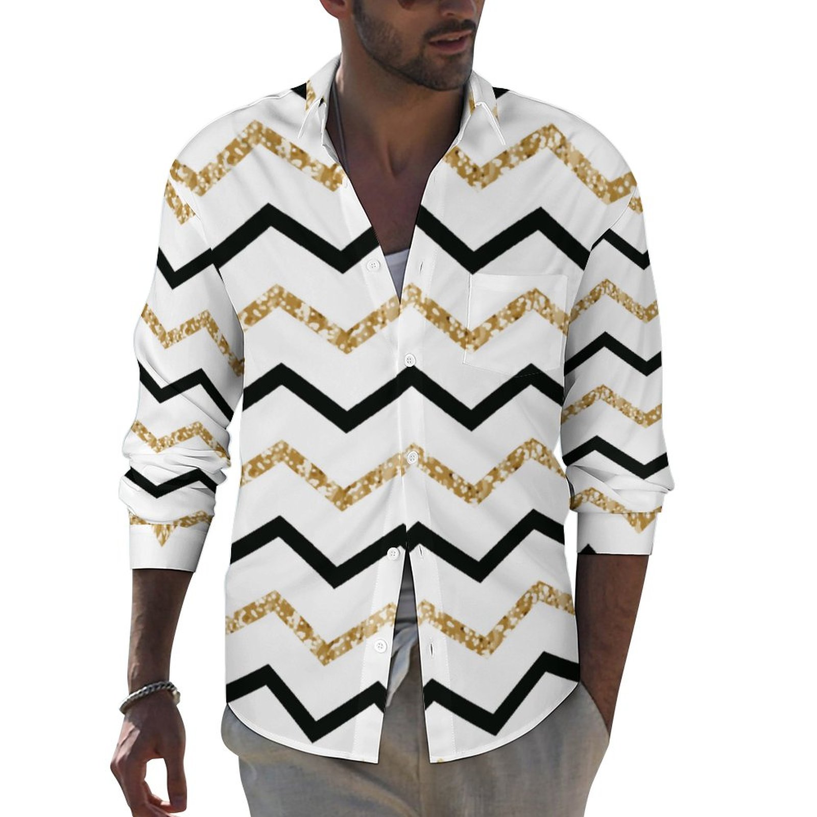 Black Gold White Chevron Zig Zag | Men's Long Sleeve Beach Hawaiian  Button-Down Shirt | Beach Plaid Shirt Daddy And Me Hawaiian Shirts Swim  Towel Pants | For Vacation Resort Wear, image size:1600x1600