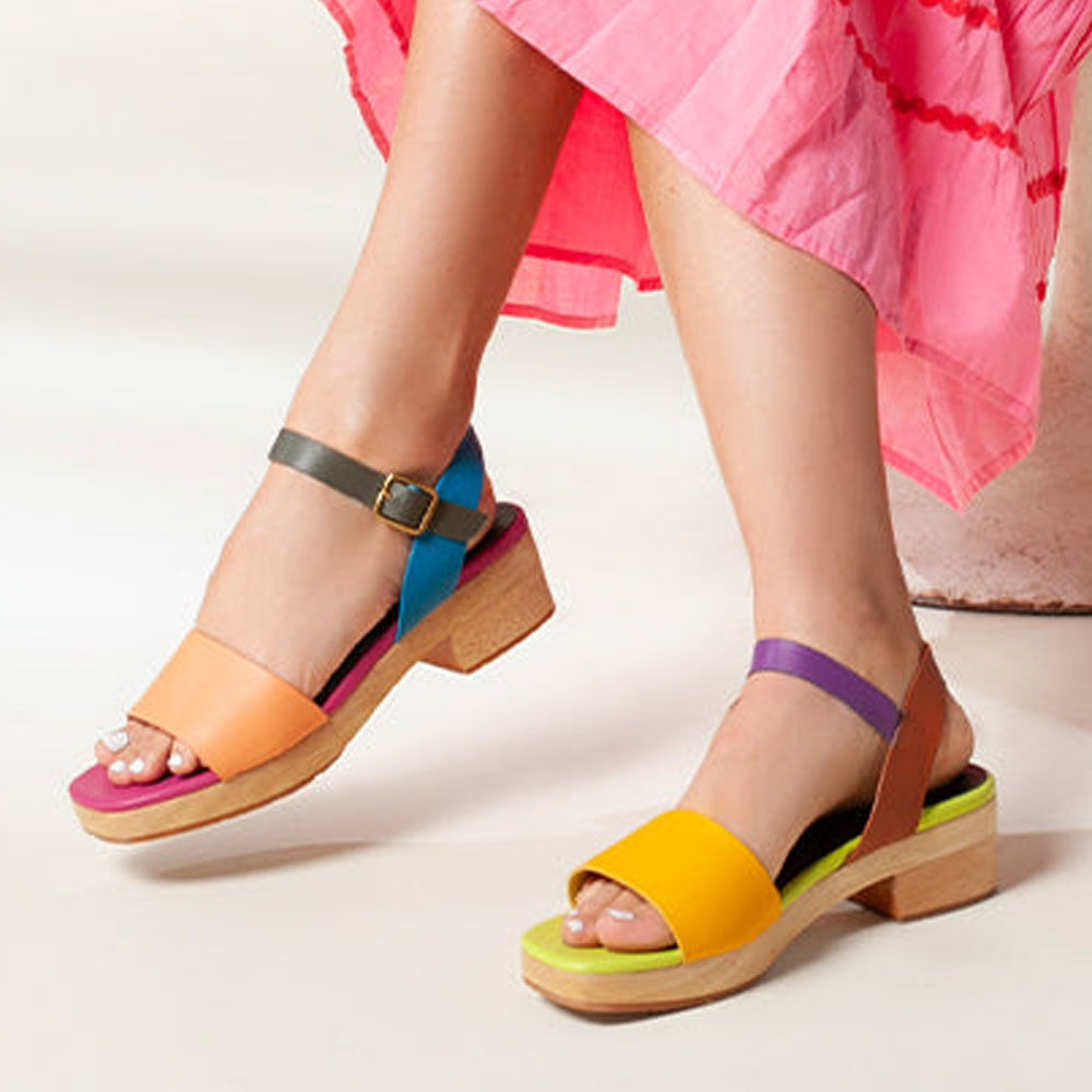 Colorful Square Toe Block Heel Platform Sandals with Buckle Nicepairs
